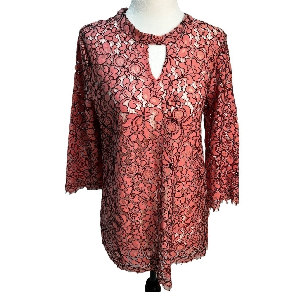 KAFFE Sys Pink/Black  Lace Round Neck Blouse Top Size M